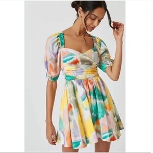 By Anthropologie colorful puff sleeve smocked tie waist babydoll mini sun dress